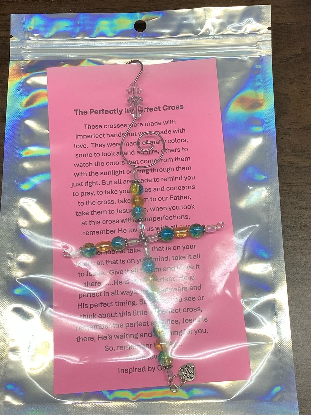 Hand Crafted Multicolor Beaded Cross with inspiring message sun catcher